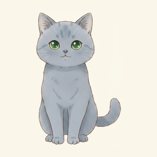 은청색 짧은 털에 초록 눈으로 앞을 보는 고양이
