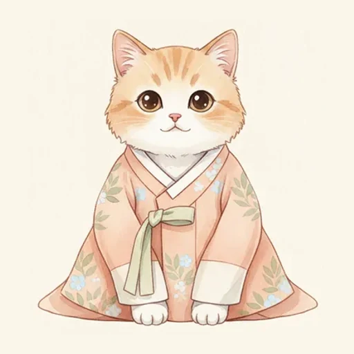 단이 — 연분홍 한복을 입고 앉은 고양이