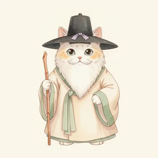 현 — 갓을 쓰고 지팡이를 짚은 흰 수염 고양이
