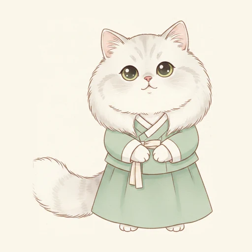 리아 — 연둣빛 생활한복을 입고 두 앞발을 모은 은회색 긴 털 고양이