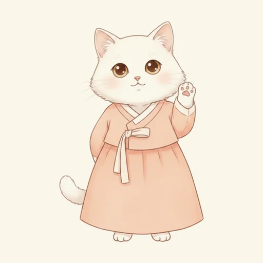 유하 — 살구빛 생활한복을 입고 고개를 든 흰 고양이