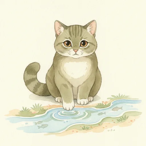 물가 모래톱에 앉아 이쪽을 보는 어부고양이 그림이에요. 잿빛 줄무늬 털에 몸집이 다부지고, 앞발 옆으로 물결이 동그랗게 퍼져요. 물속에 작은 물고기 몇 마리가 지나가요.