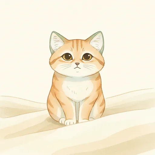 모래 언덕 위에 앉아 이쪽을 올려다보는 모래고양이 그림이에요. 주황 줄무늬가 이마와 등에 나 있고, 귀가 넓고 낮게 붙었어요. 앞발을 모으고 앉아 있어요.